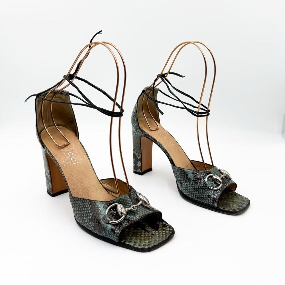 Gucci Horsebit Python Snake Skin Heeled Sandals Green Black Leather Block Heel S